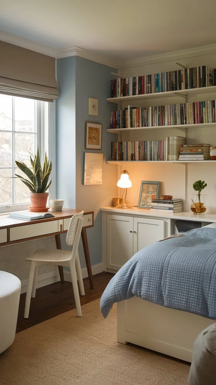 A tranquil light blue guest room blends a cozy bedroom with a functional workspace, offering a comfortable and inviting retreat.