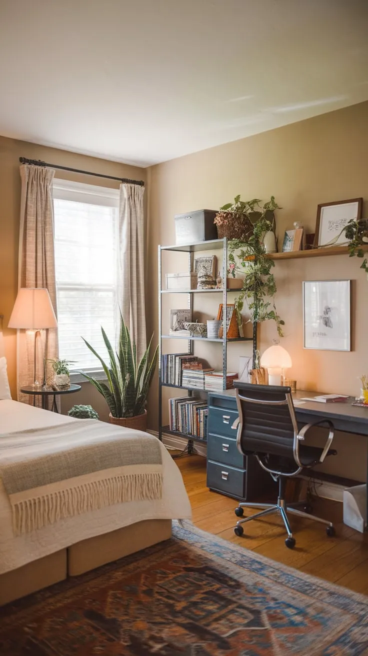 Relax and recharge in this cozy guest room featuring a queen-size bed, dedicated workspace, and calming décor.