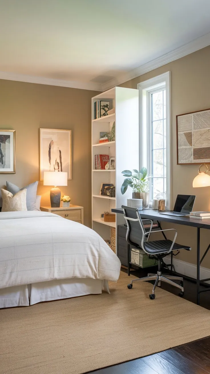 Relax and recharge in this inviting guest room and office combo featuring a queen bed, desk, and calming neutral tones.