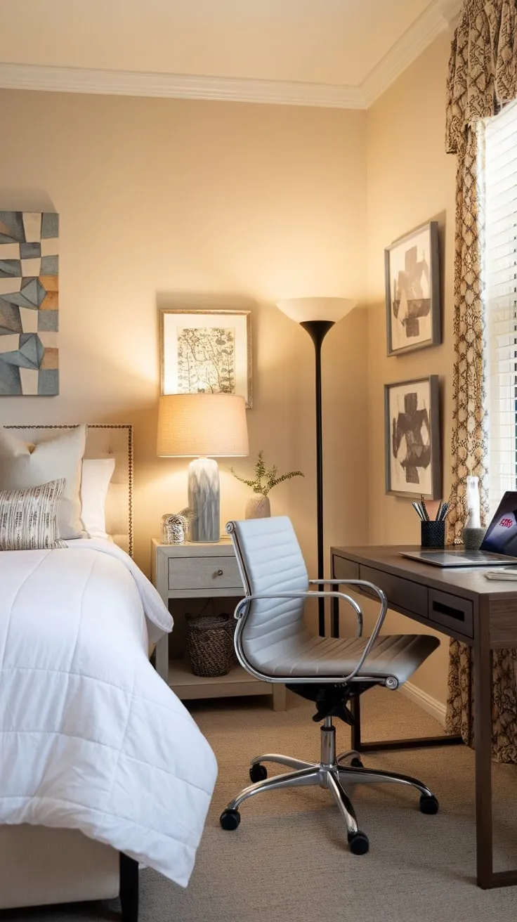 This cozy guest room offers a tranquil queen-size bed and a functional workspace, perfect for relaxing or working.