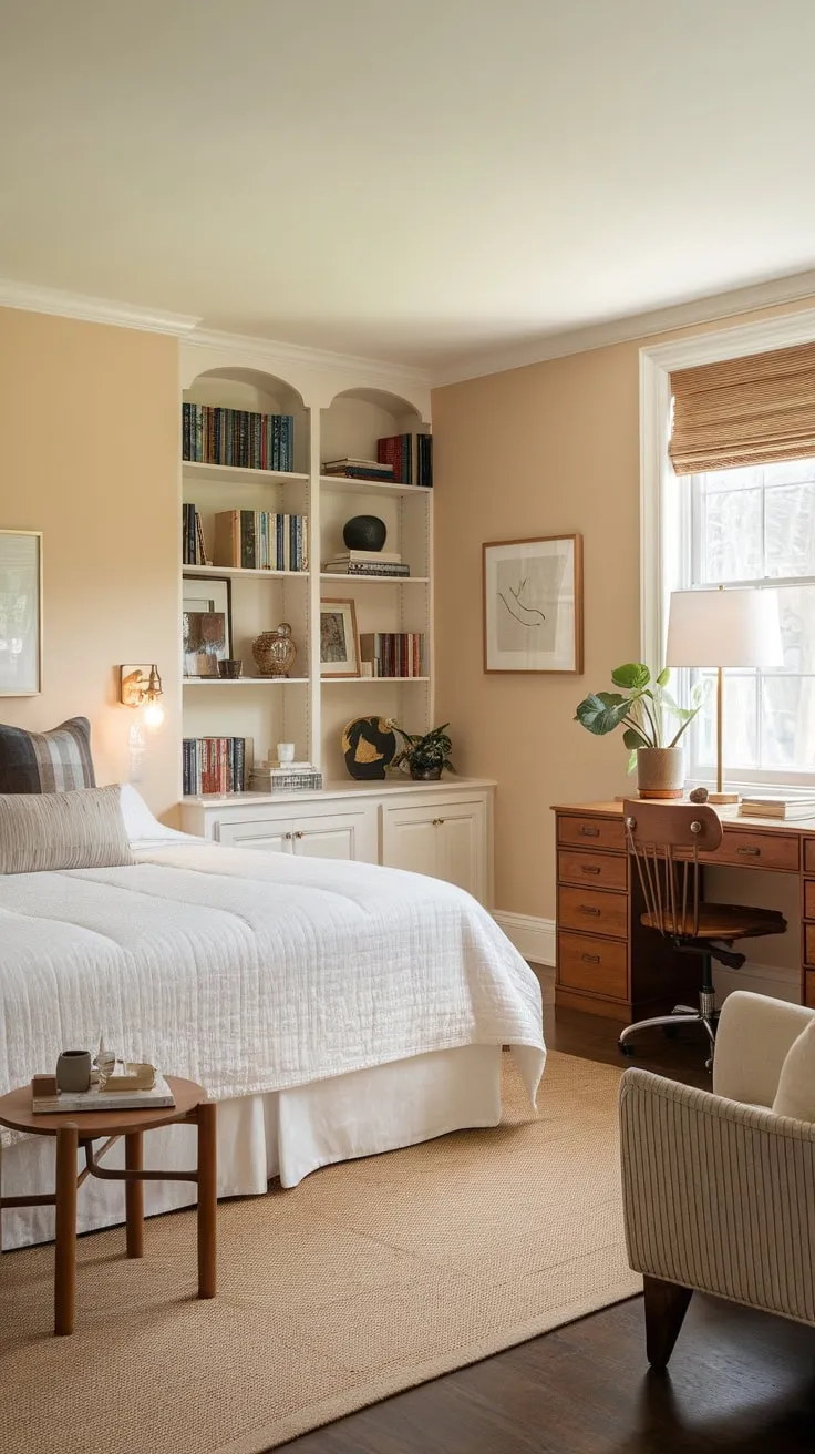 Escape to a tranquil guest room combining comfortable sleeping space with a dedicated home office area, perfect for work and rest.