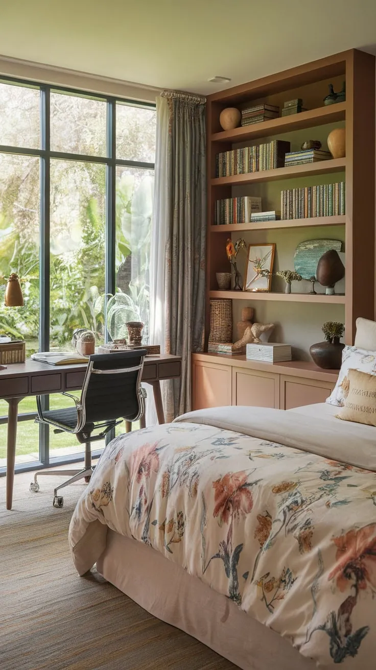 A cozy guest room offers a restful bed and inspiring workspace, bathed in natural light and earthy tones with garden views.