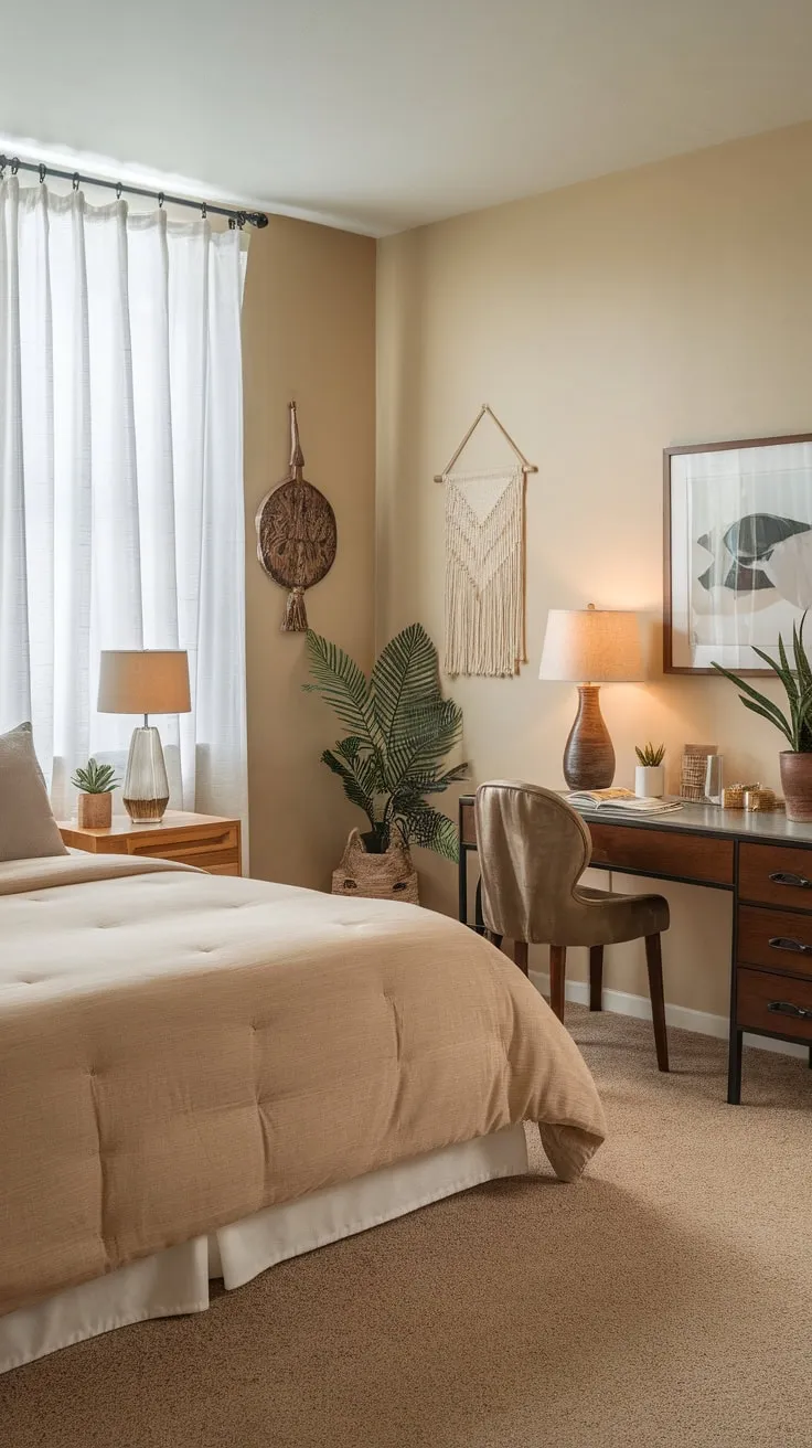 Relax and recharge in this inviting guest room featuring a queen bed and a functional desk area, all bathed in warm beige tones.