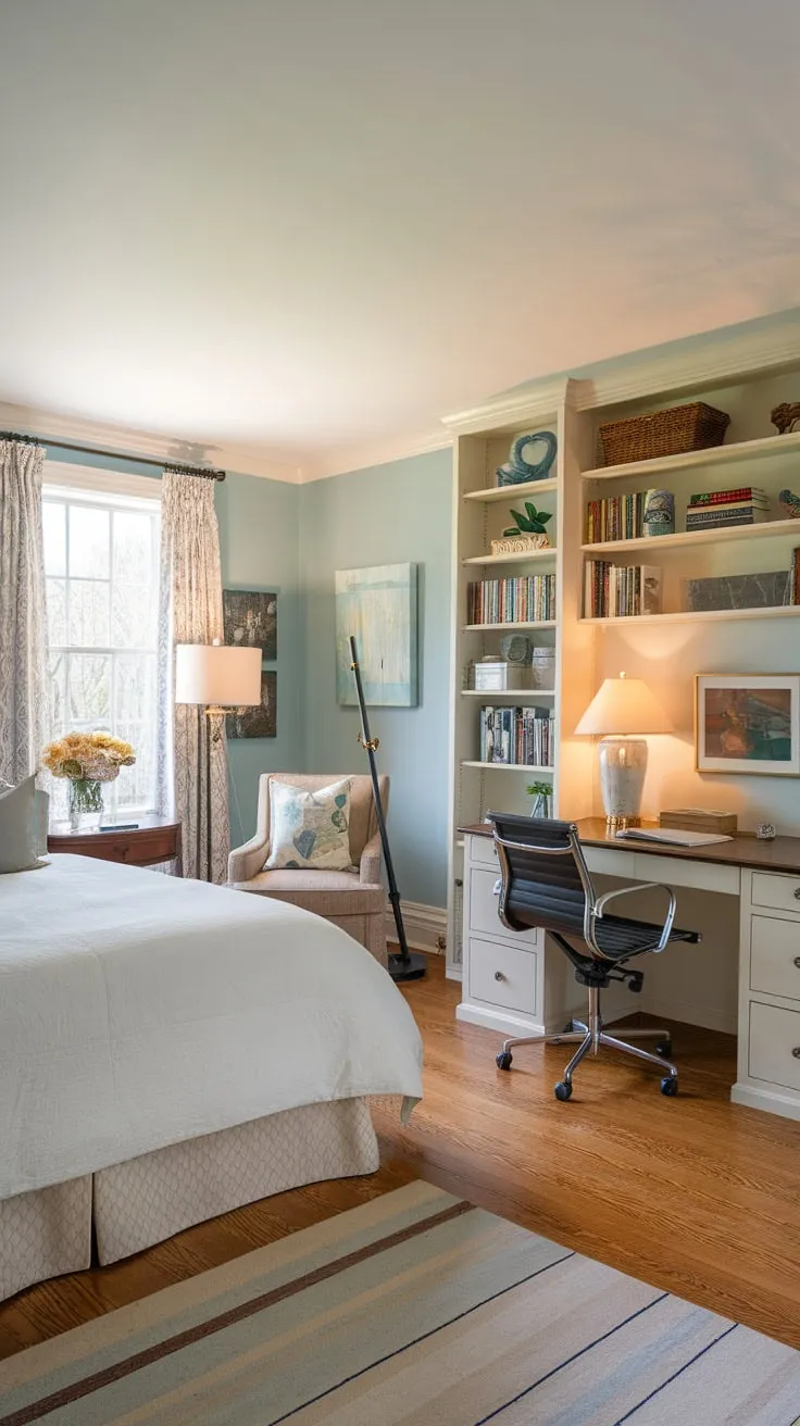 Relax and recharge in this inviting guest room combining comfort with a dedicated workspace, complete with hardwood floors and soft lighting.
