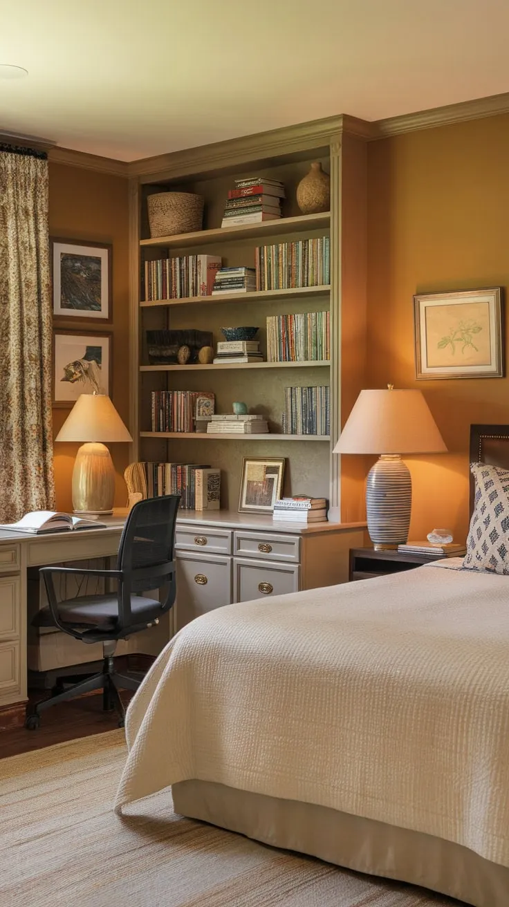 Relax and recharge in this inviting guest room combining a queen bed and a charming workspace, complete with soft lighting and a welcoming atmosphere.