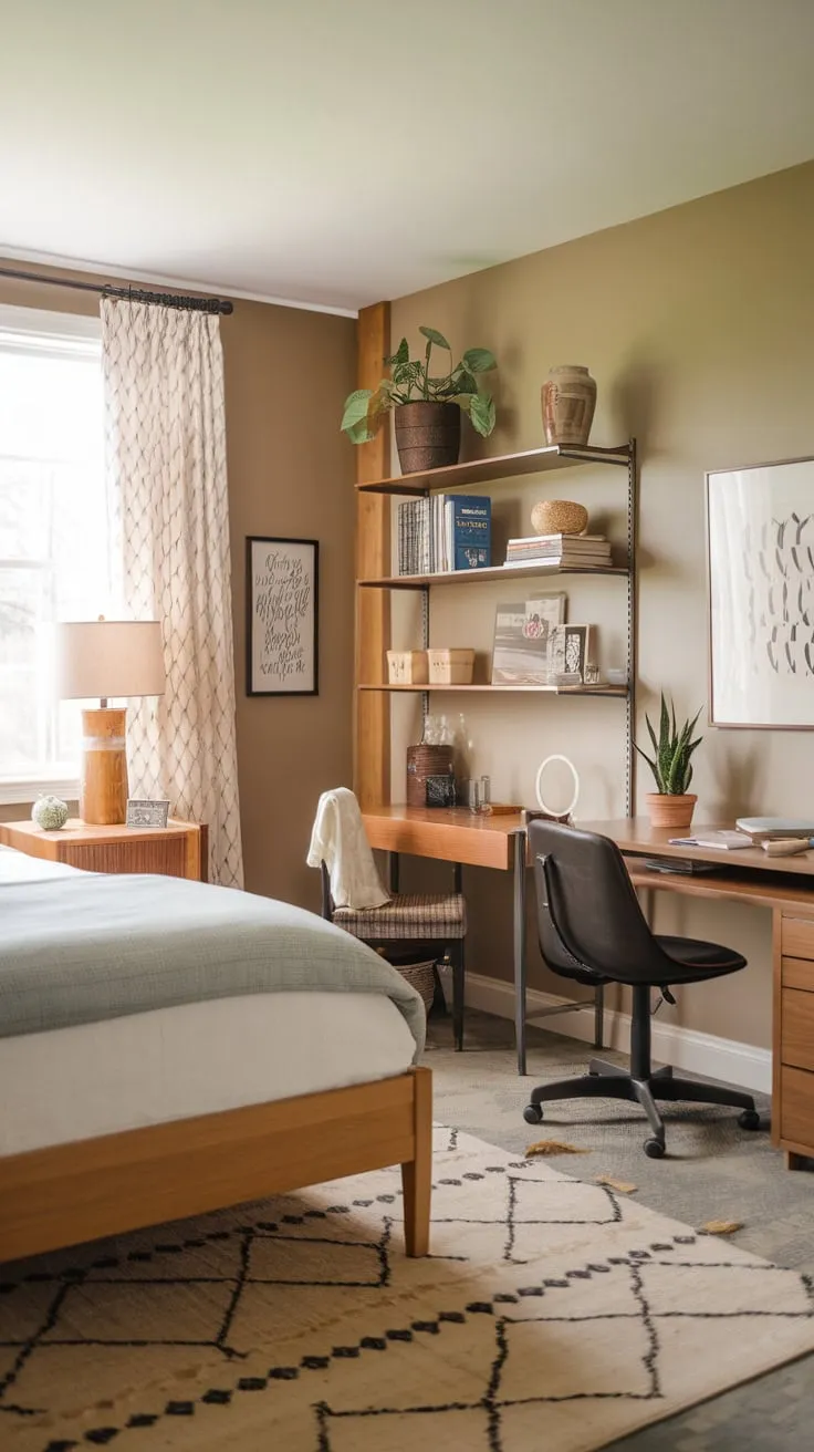 A tranquil beige guest room seamlessly blends bedroom comfort with a functional workspace, offering a queen bed, desk, and charming décor.