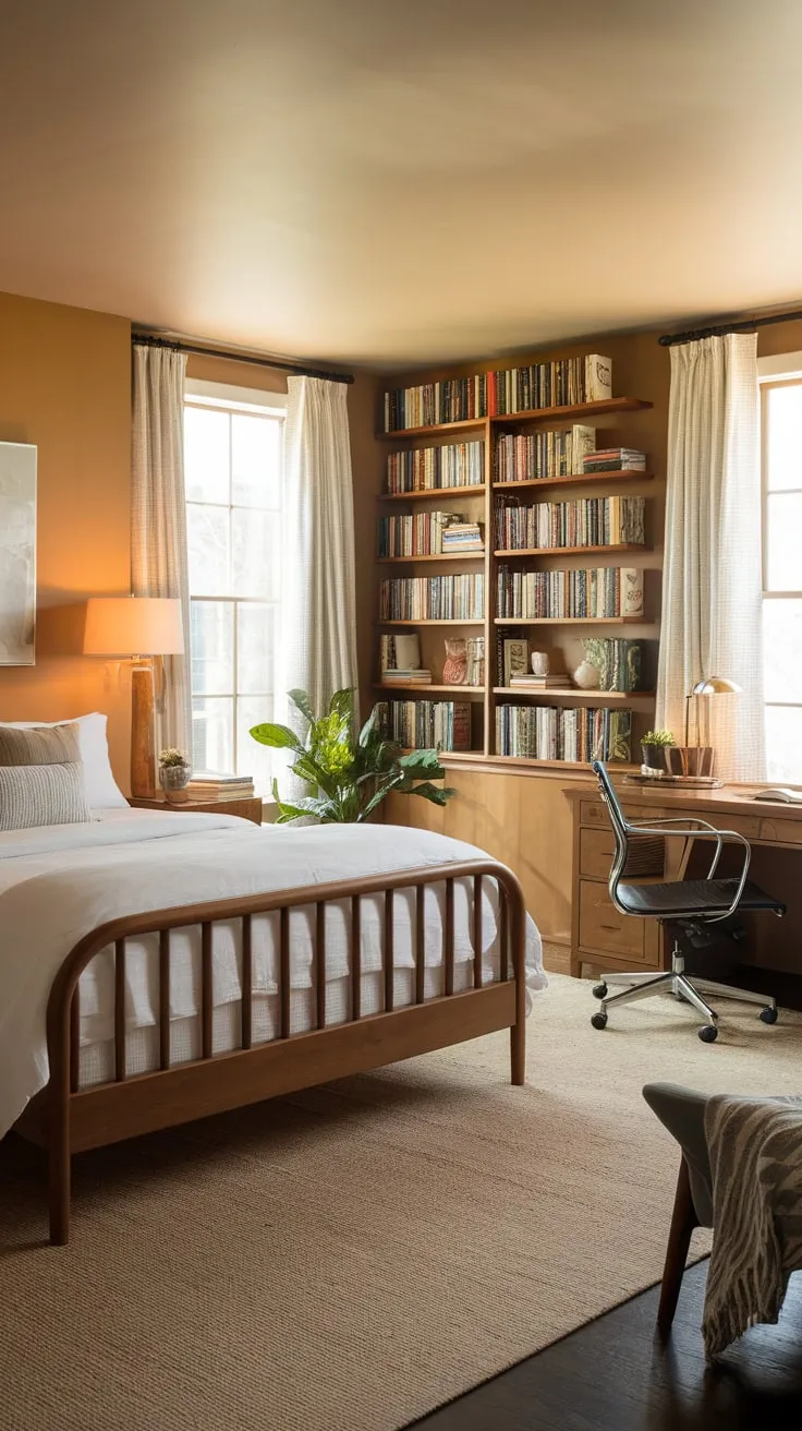 Relax and recharge in this inviting guest room combining a queen-sized bed with a dedicated workspace bathed in natural light.