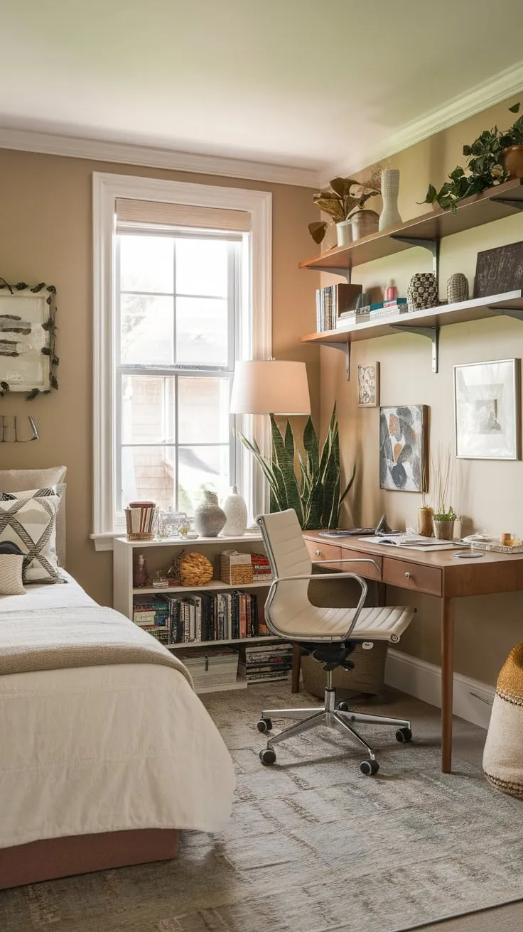 Transform your spare room into a tranquil guest bedroom and efficient home office with this cozy design featuring a comfortable bed, dedicated workspace, and calming décor.