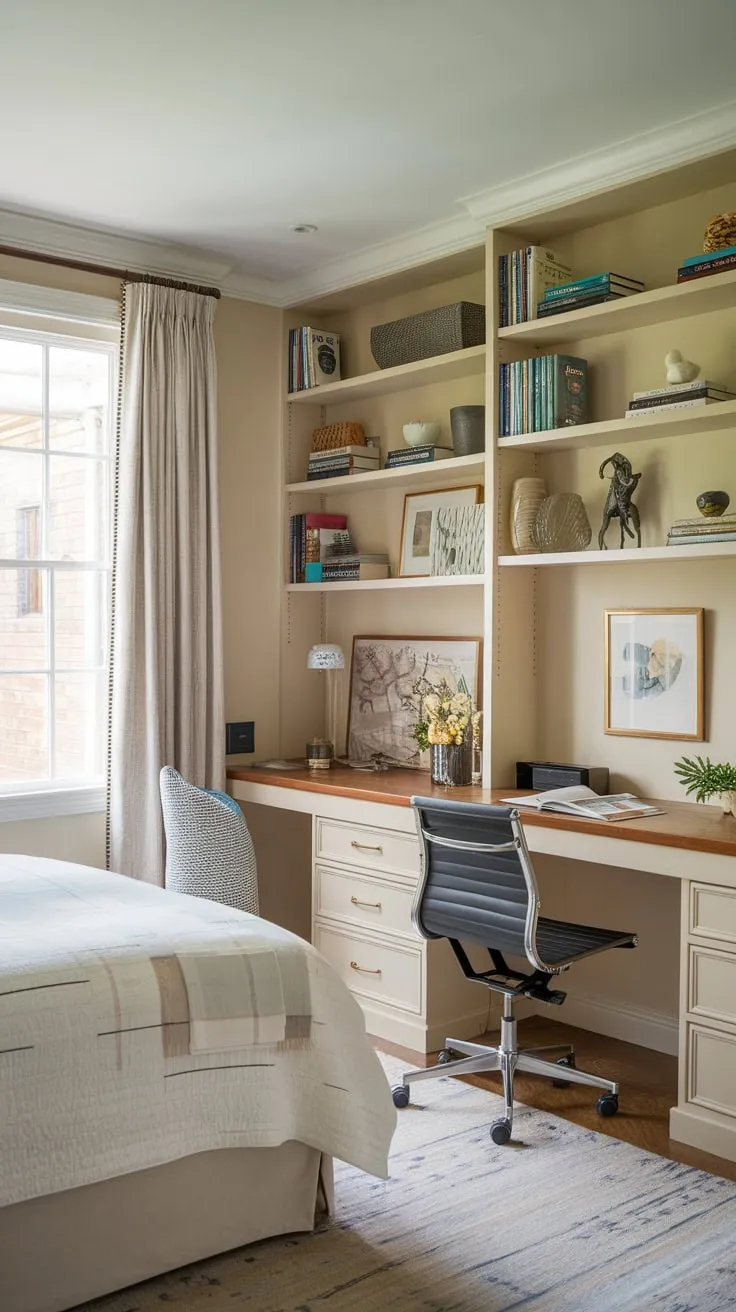 A tranquil guest room seamlessly blends sleeping and workspace comforts with a double bed, desk, and charming bookshelf in a light and airy setting