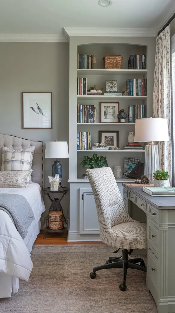 A serene gray guest room offers a queen-size bed and a functional workspace, complete with a bookshelf and cozy rug, perfect for relaxing or working.