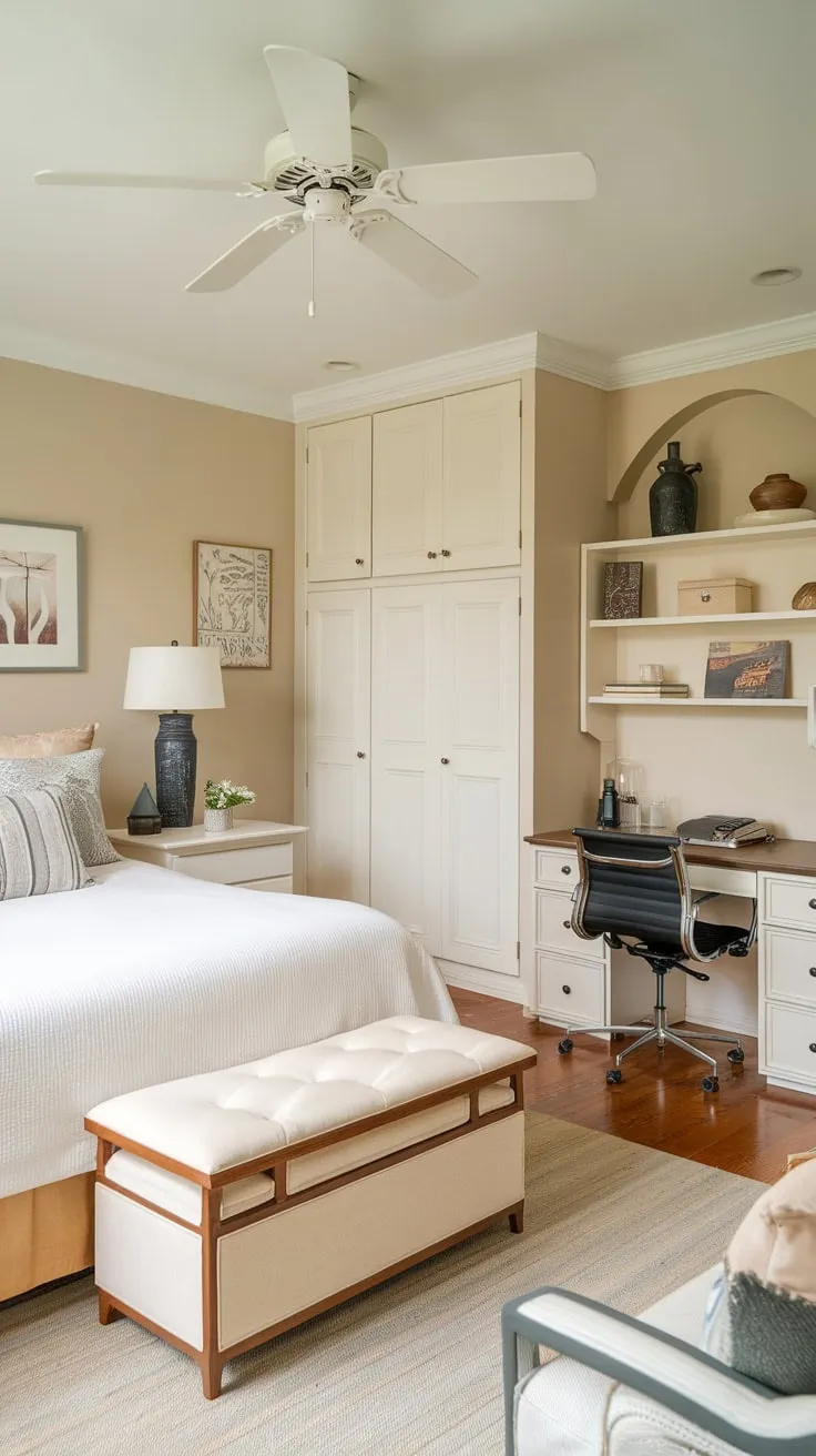 A tranquil beige guest room offers a queen-sized bed, hardwood floors, and a dedicated workspace for ultimate comfort and productivity