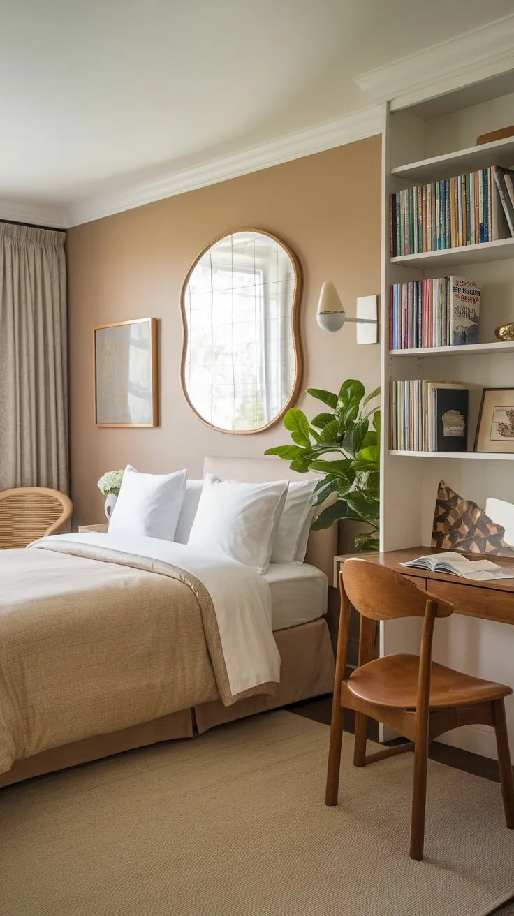Relax and recharge in this cozy guest room featuring a queen bed, dedicated office space, and inviting reading chair, all within a soothing beige palette.