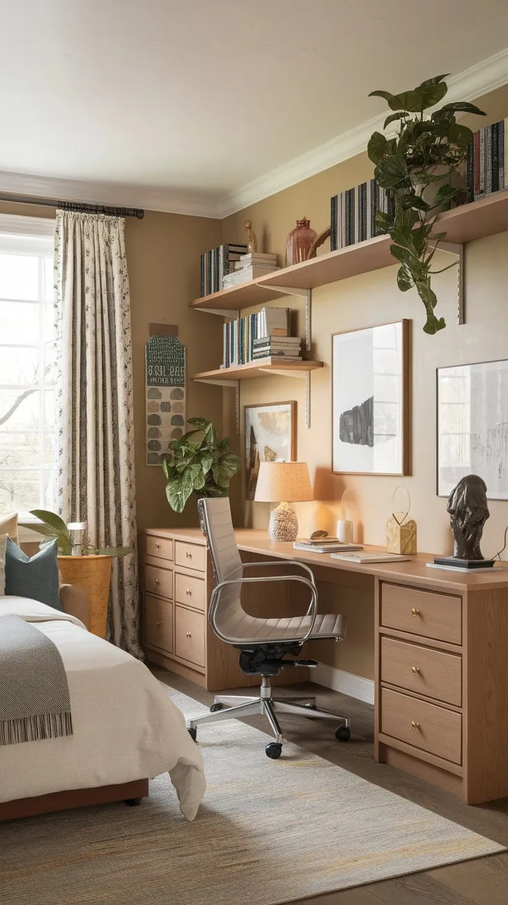 A beige-walled haven offers a cozy blend of bedroom and home office comfort with a bed, desk, and charming personal touches.