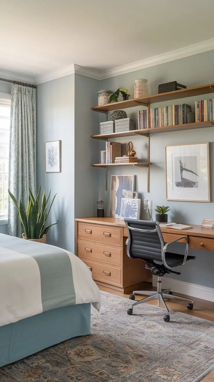 Relax and recharge in this inviting guest room combining a queen bed and a functional home office space.