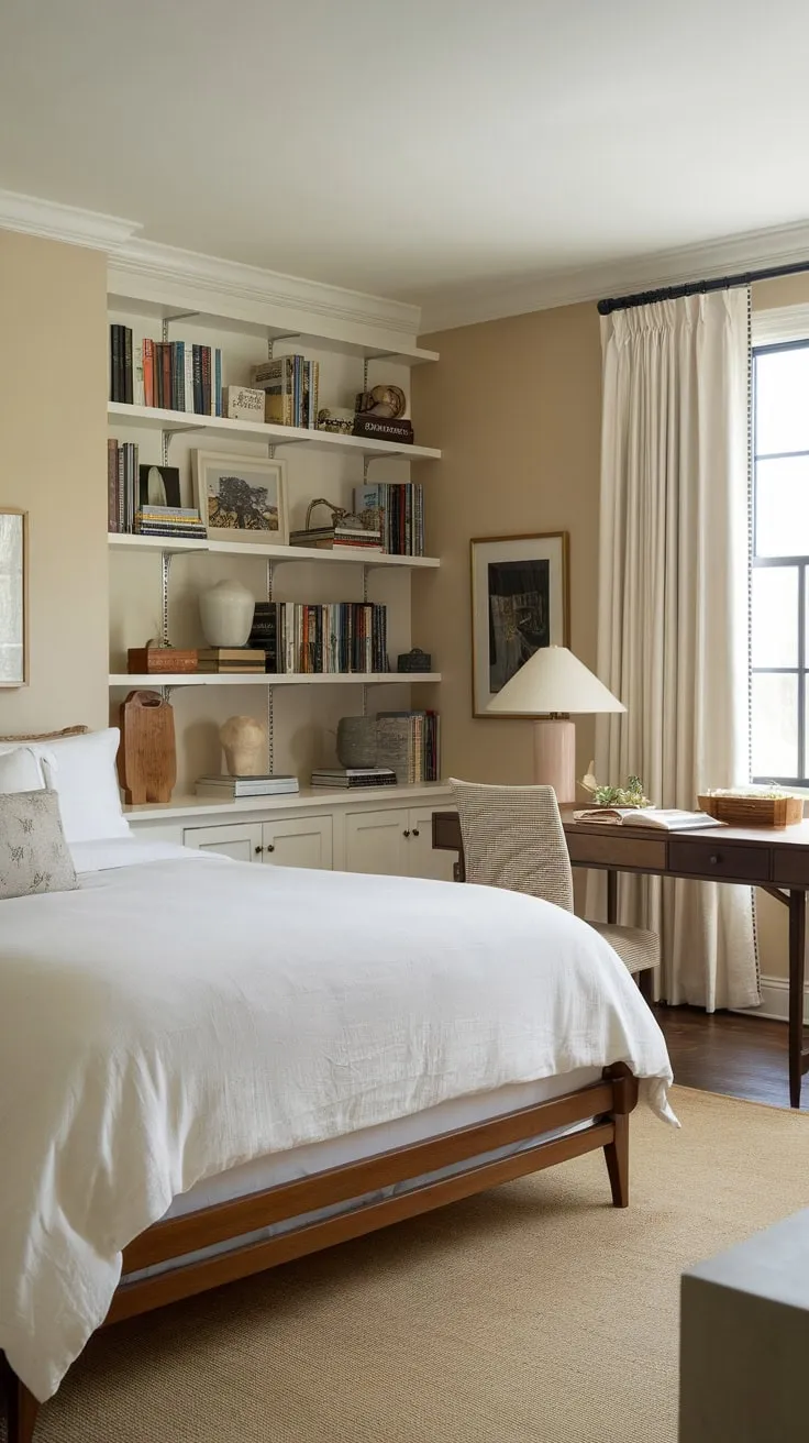 Relax and recharge in this cozy guest bedroom, a perfect blend of restful haven and productive office space.