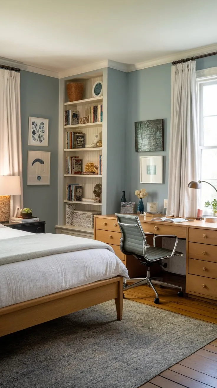 A tranquil soft blue guest room offers a cozy double bed and a functional workspace, perfect for relaxing or working.