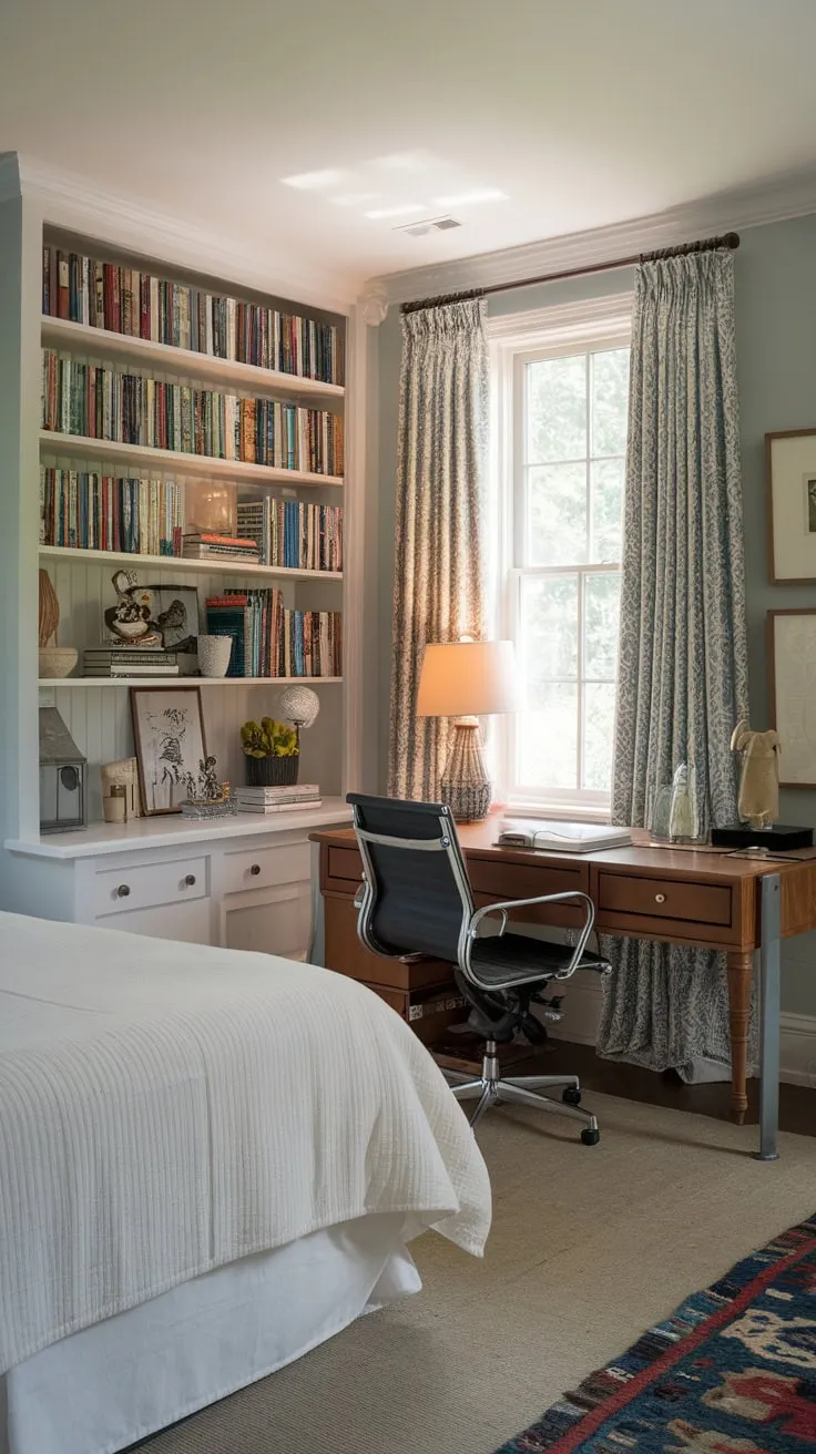 A tranquil light blue guest room offers a queen-size bed and a functional workspace complete with desk and bookshelf, perfect for relaxing or working.