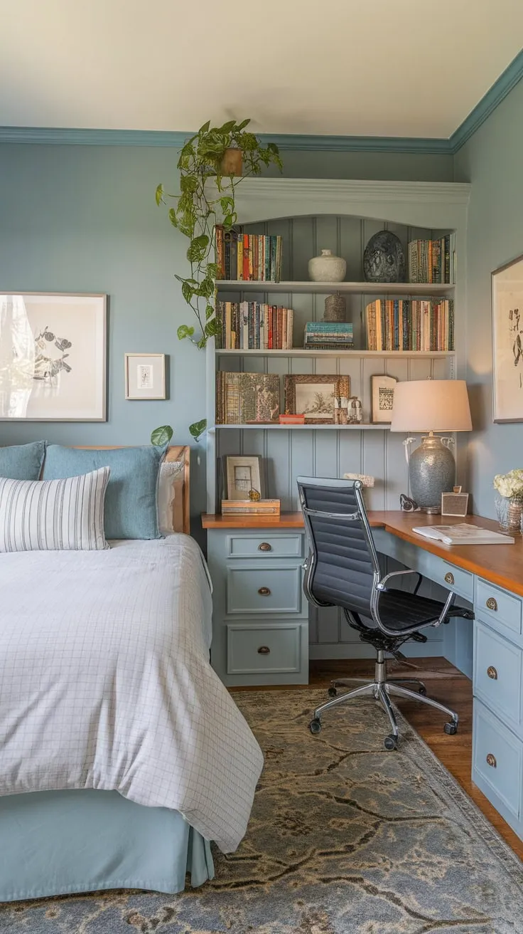 Relax and work in this inviting guest room featuring a queen bed, dedicated desk area, and calming blue walls.