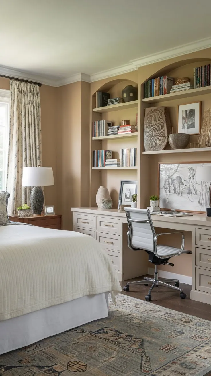 Relax and recharge in this inviting guest room, a tranquil blend of bedroom and home office featuring a queen bed, desk, and charming book-filled shelves.