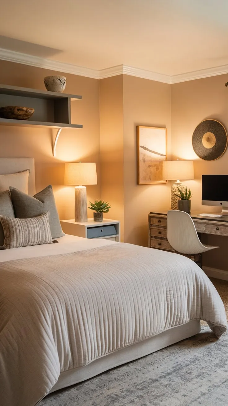 Relax and work in this inviting guest room combining comfort and productivity with a queen bed and dedicated desk area.