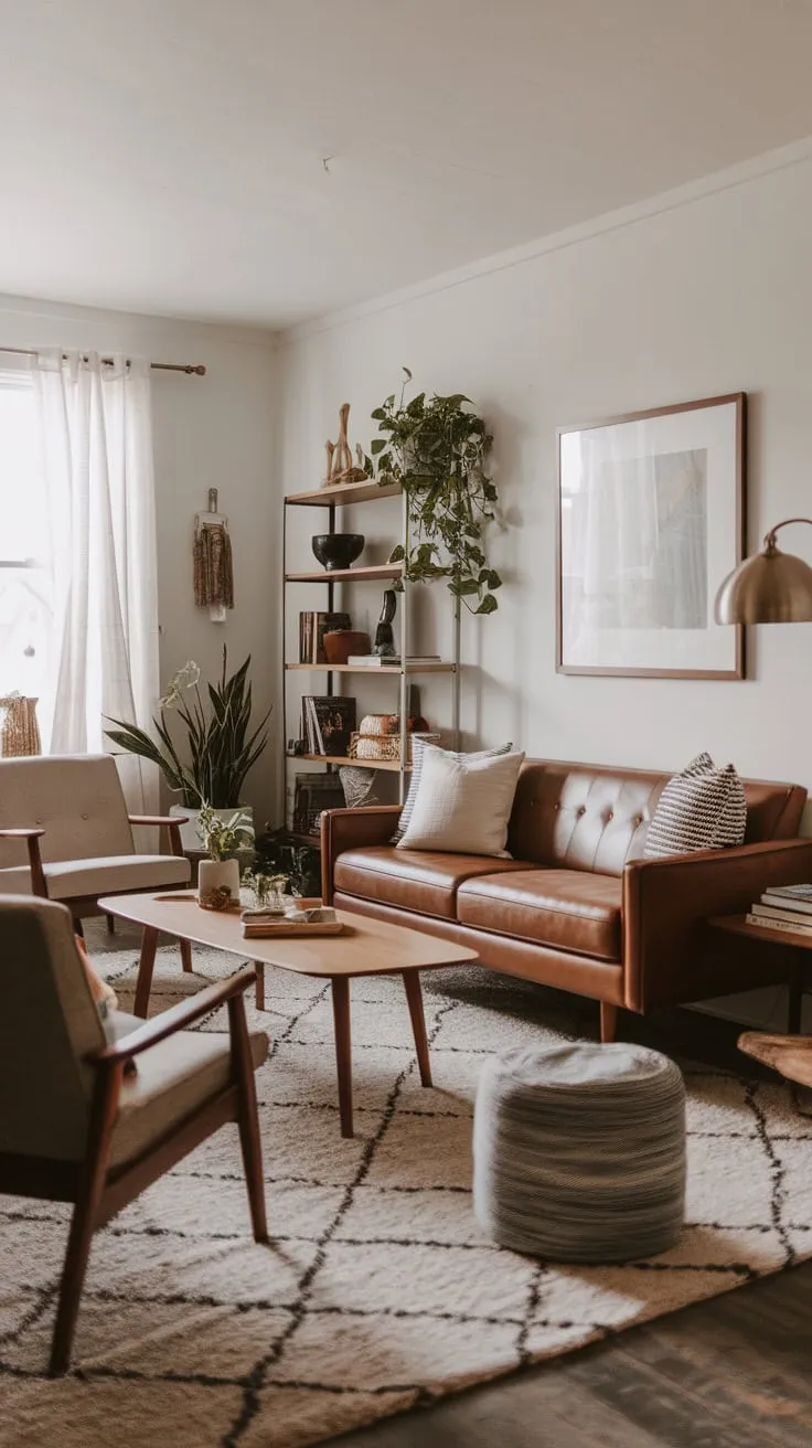 A mid-century modern sofa anchors a cozy living room, where cabincore details and pops of greenery create a warm, inviting atmosphere.