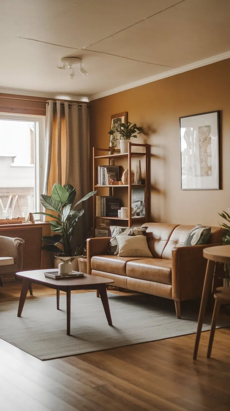 Warm hues, wood floors, and mid-century furniture create a cozy modern living room with cabincore charm.