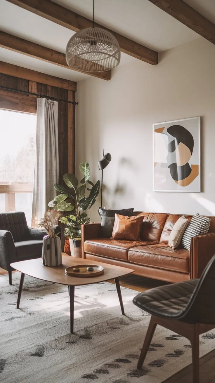 A modern, minimalist living room blends cabincore charm with mid-century style for a cozy, stylish retreat.