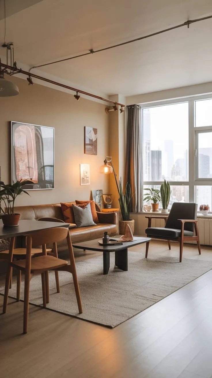 Light wood floors and a beige palette create a welcoming atmosphere in this cozy modern living room, accented by vintage details and city skyline views.