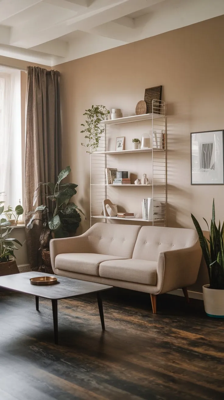 A minimalist mid-century modern living room, featuring a beige sofa and dark wood accents, creates a cozy cabincore atmosphere.