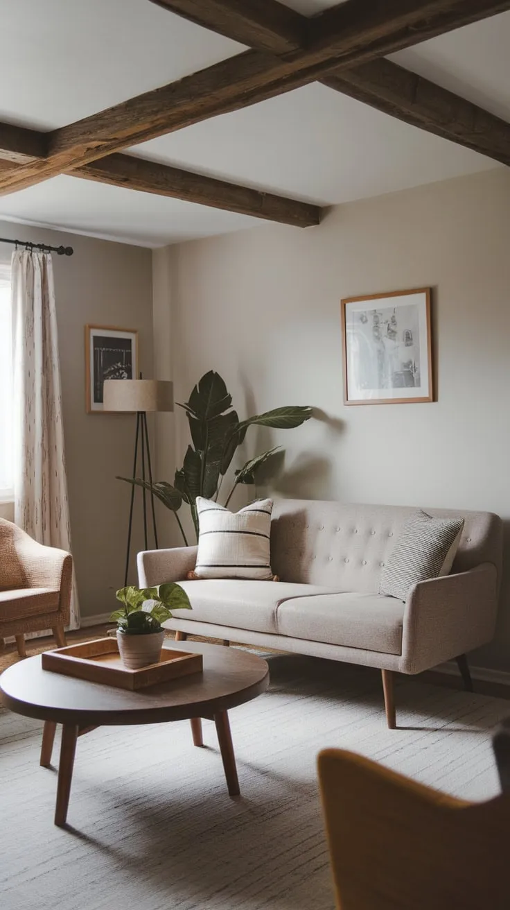 Warm gray walls, a mid-century sofa, and wooden accents create a cozy modern living room with cabincore charm.