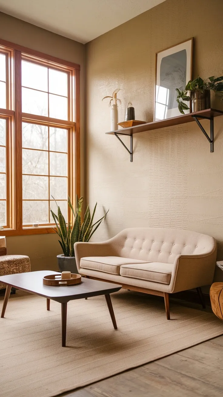 A beige and brown palette creates a warm, cabincore-inspired living room with mid-century modern furniture and natural light.