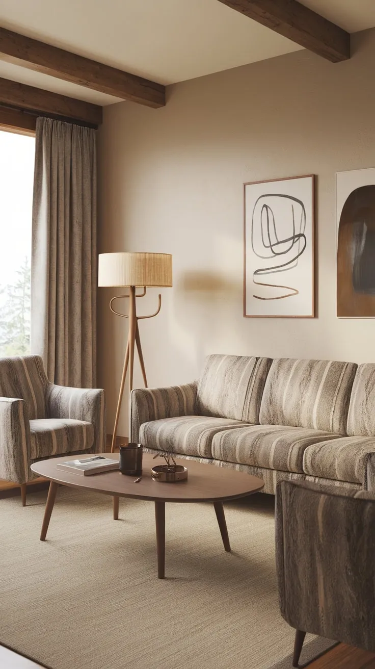 A minimalist mid-century modern living room, featuring a cozy cabincore aesthetic, invites relaxation with its patterned sofa, wooden coffee table, and warm beige tones.