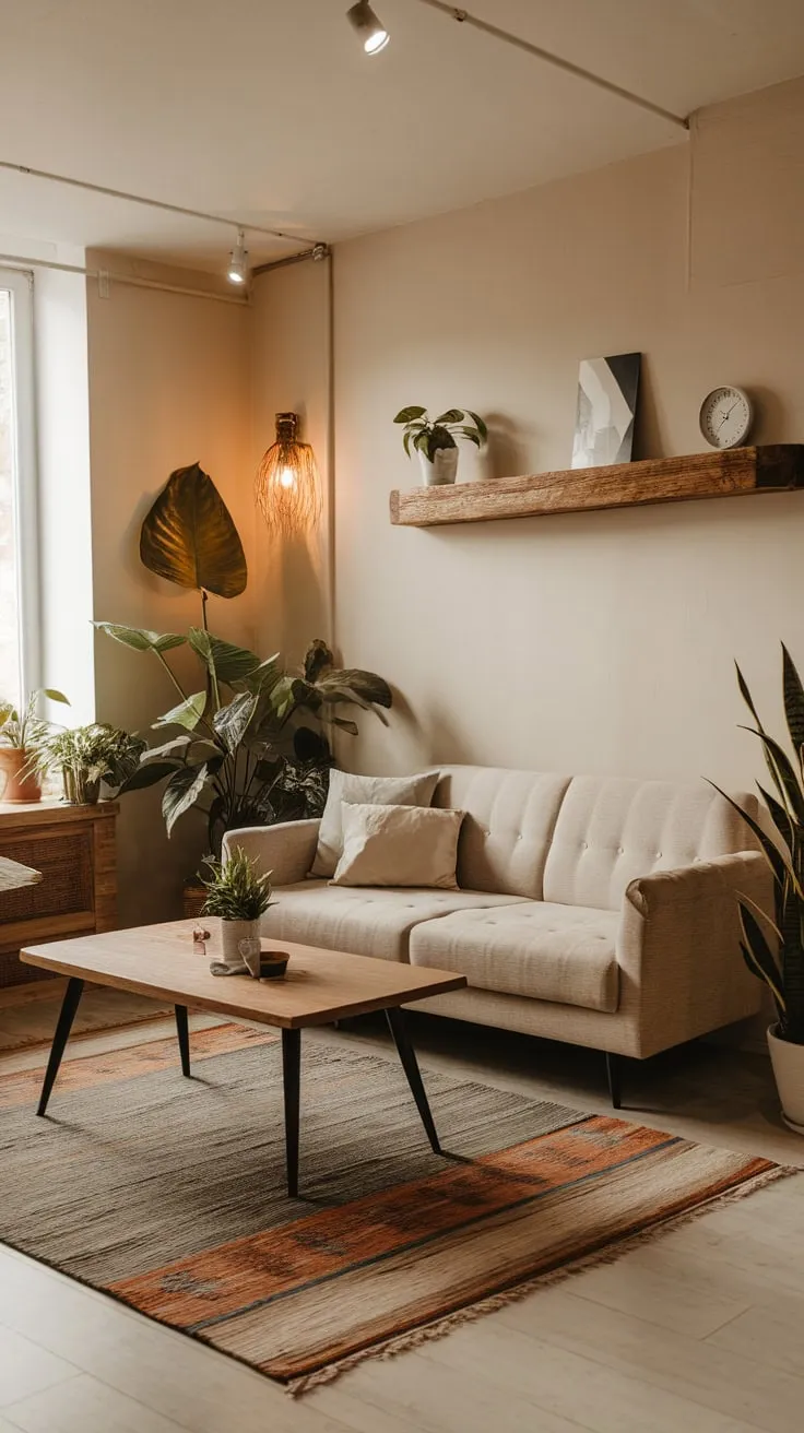 Warm lighting, a beige sofa, and potted plants create a cozy modern living room with a touch of wood and a welcoming atmosphere.
