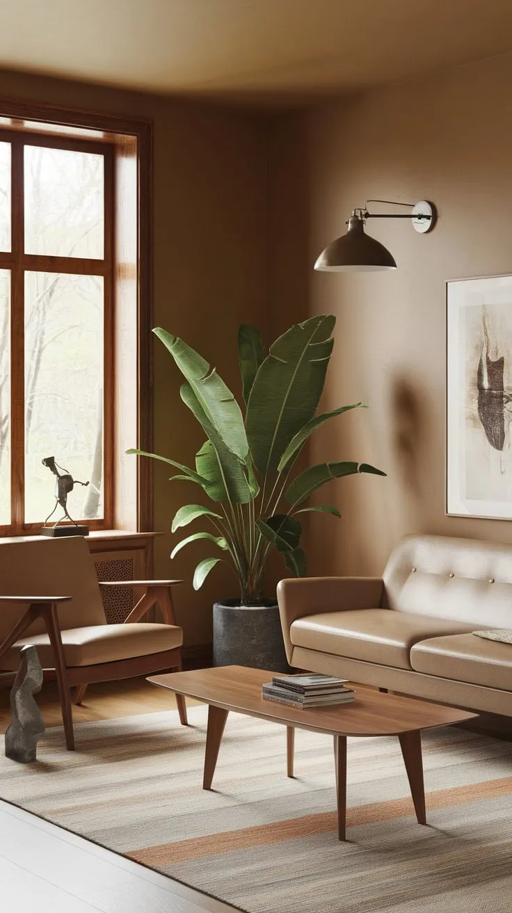 A minimalist living room blends cabincore charm with mid-century modern pieces for a comfortably stylish space.