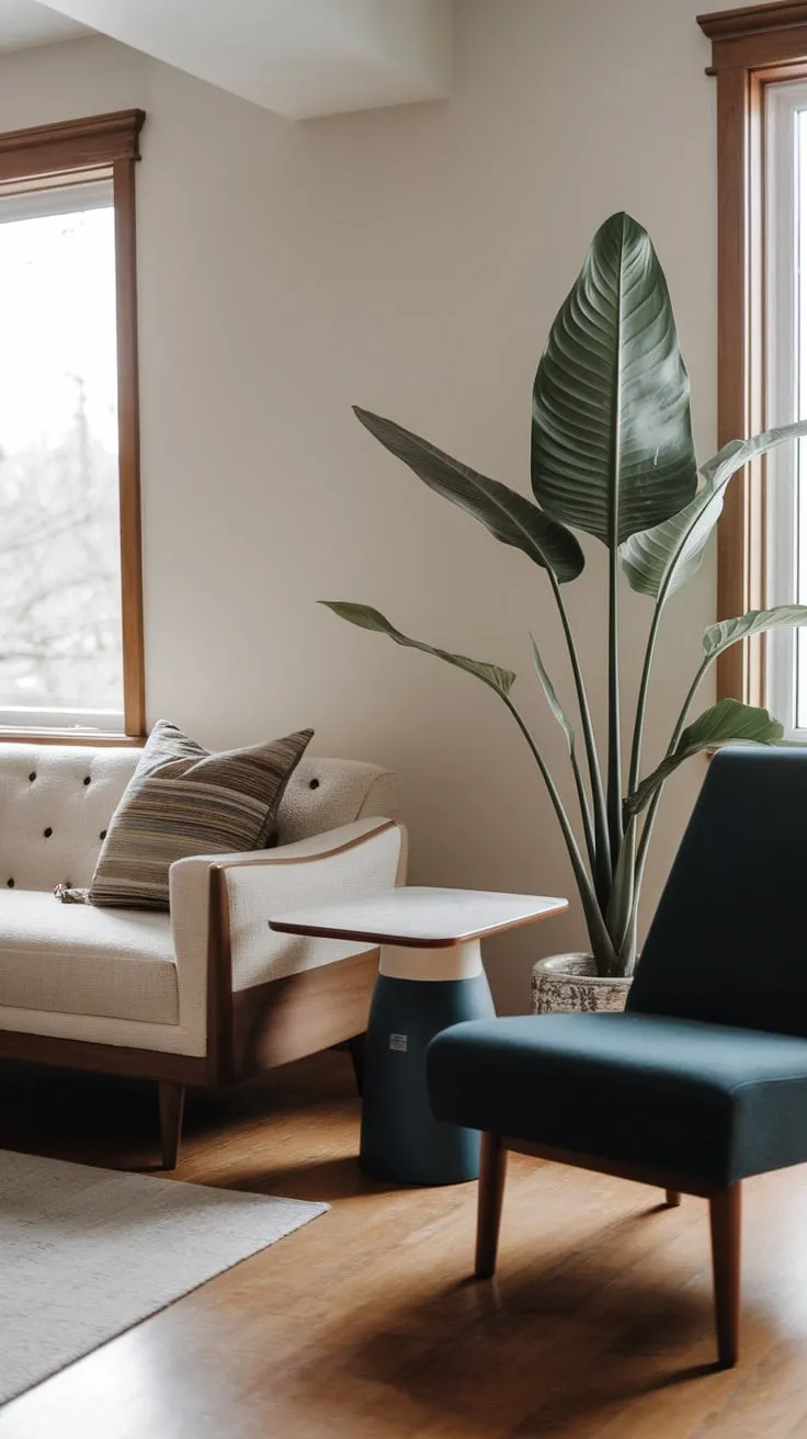 A beige sofa and a dark blue accent chair create a cozy modern living room with cabincore influences, warmed by wood floors and a leafy green plant.