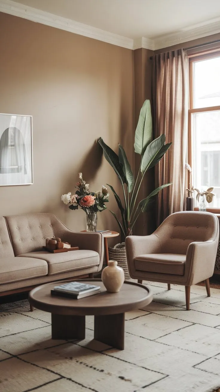 A minimalist beige living room blends mid-century modern furniture with cabincore charm, creating a cozy and stylish space.