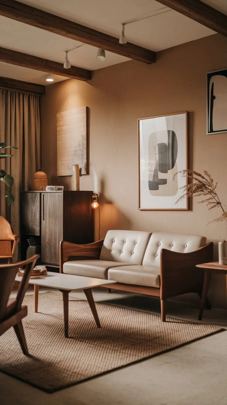 Beige walls and a woven rug complete the inviting, modern cabin-style living space.