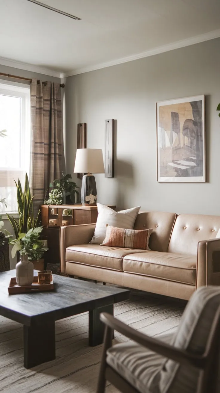 A light gray living room blends mid-century modern design with cabincore warmth, featuring a beige sofa and dark wood accents for a cozy, contemporary feel.