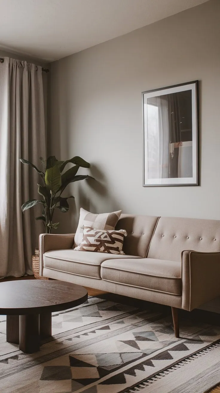 A minimalist mid-century modern living room, featuring a beige sofa and geometric rug, exudes cozy cabincore charm with light grey walls and a touch of greenery.