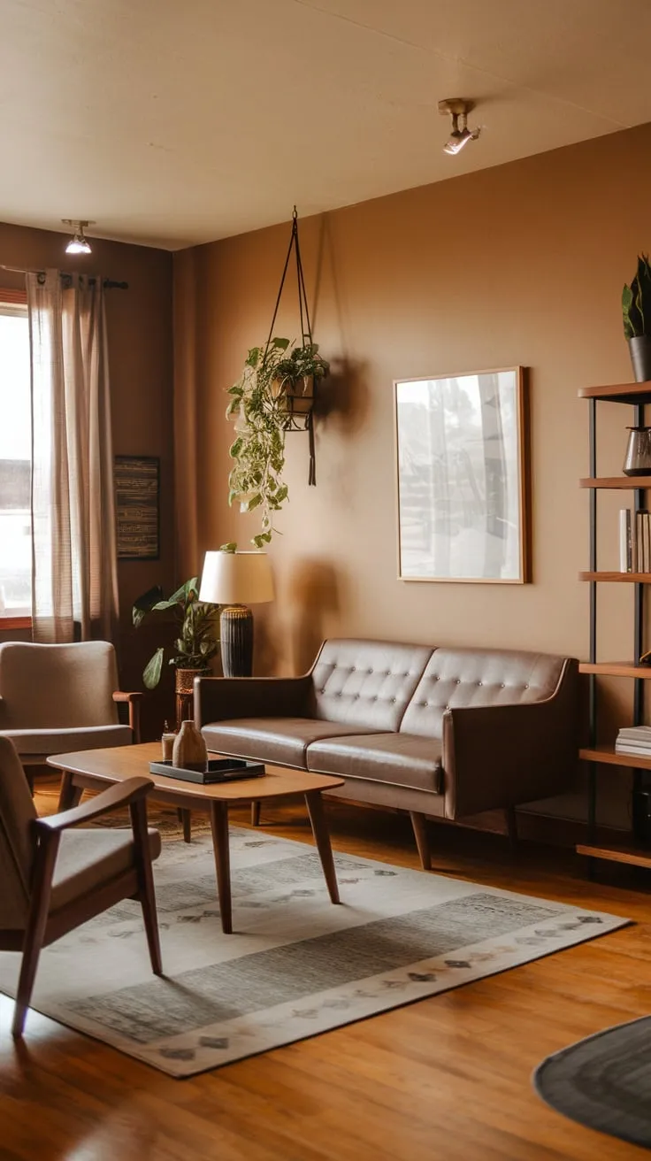 Warm beige walls, mid-century modern furniture, and natural wood floors create a minimalist yet cozy cabincore living room.