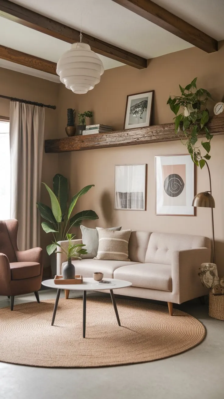 A beige and brown modern living room, accented with wood and mid-century style, offers a cozy and inviting atmosphere.