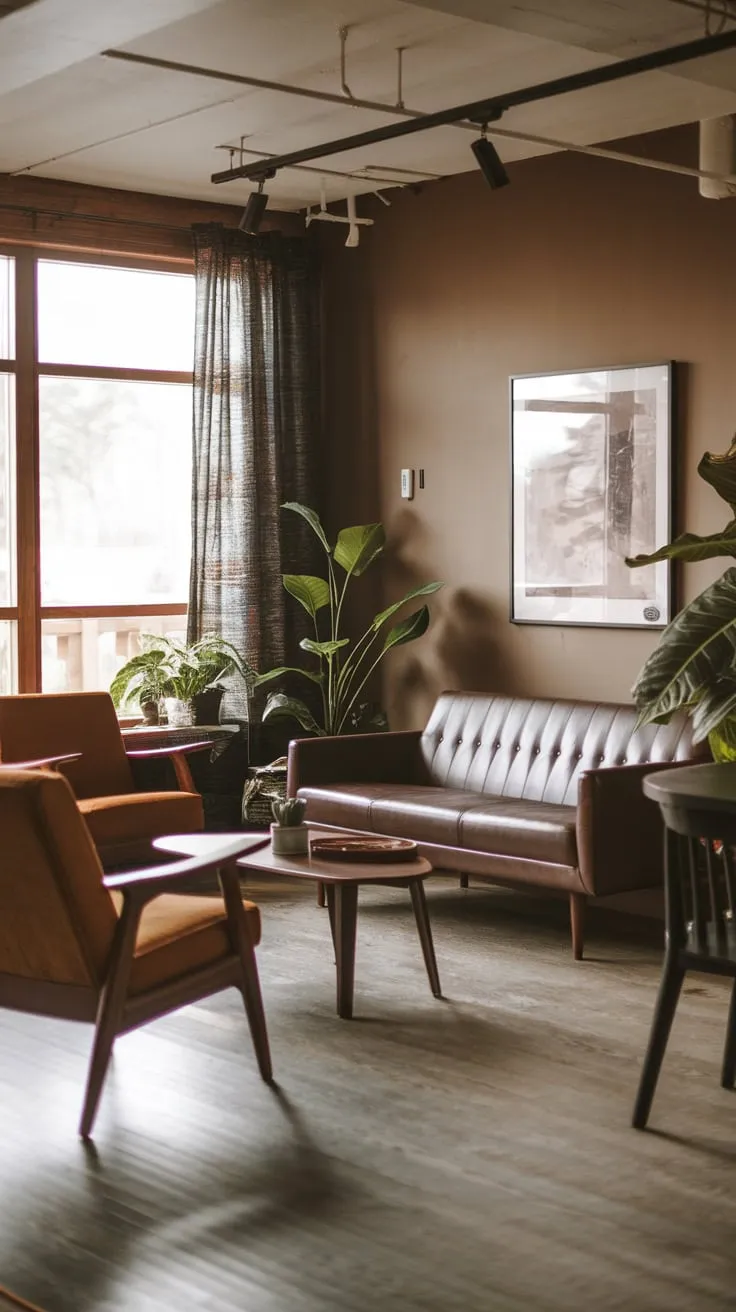 A modern living room's cabincore design creates a stylish yet cozy atmosphere with a mid-century sofa and potted plants on wooden floors.