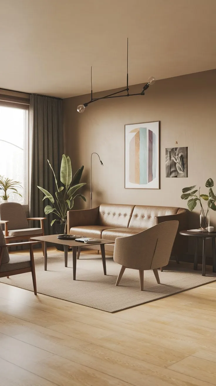 Soft lighting, beige tones, and mid-century modern accents create a cozy, minimalist cabincore living room.