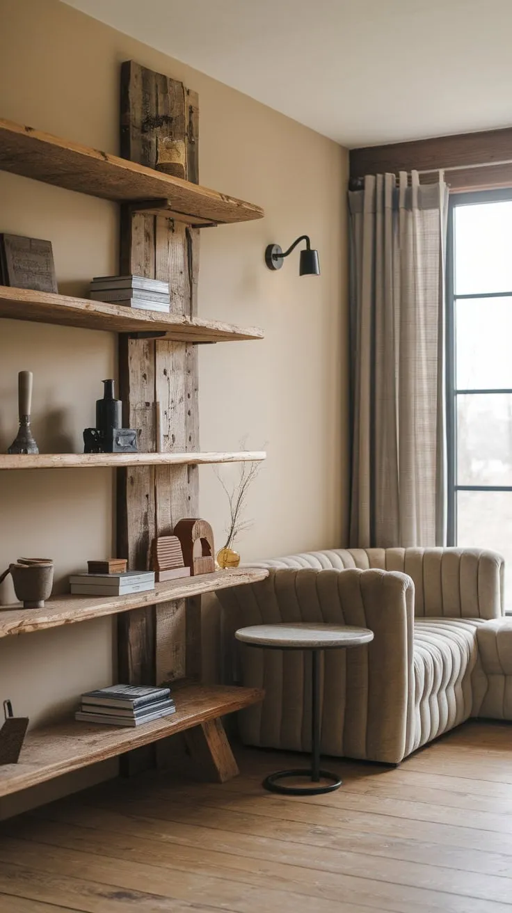 Beige walls and wooden floors create a cozy modern living room, enhanced by a plush sofa, vintage accents, and a cabincore-inspired wooden shelf.