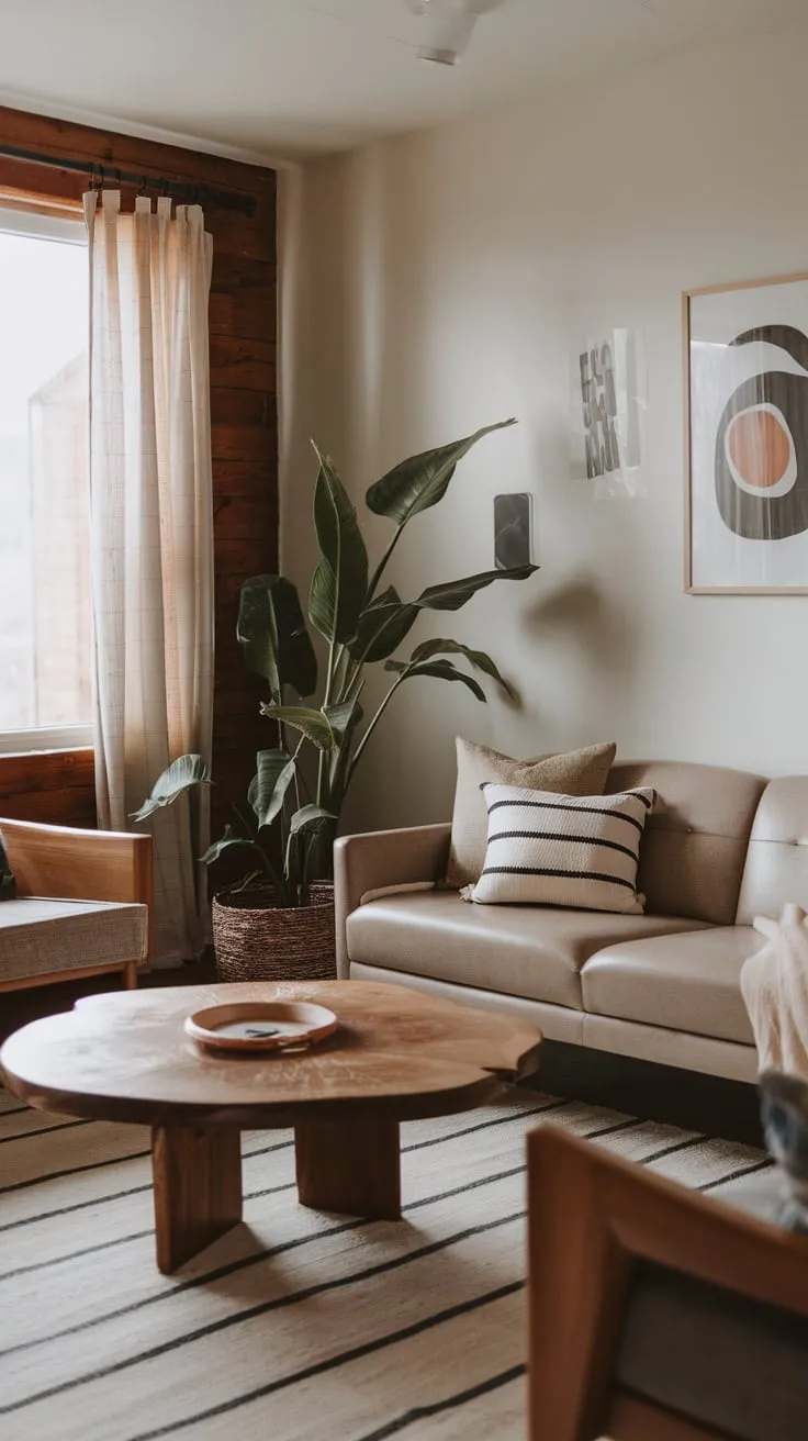 A minimalist modern living room, accented with cabincore charm, offers cozy comfort through a mid-century sofa, patterned pillows, and a large potted plant.