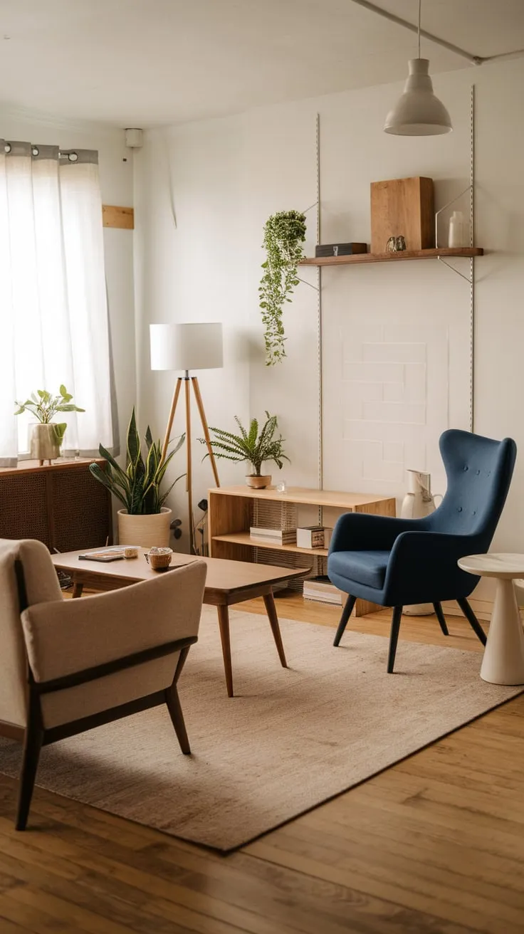 Warm beige tones and mid-century modern accents create a cozy and inviting living room.