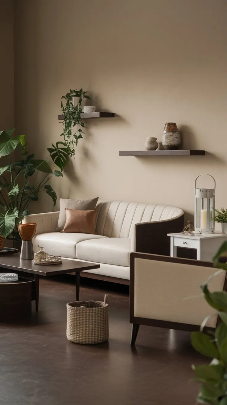 Soft lighting, beige tones, and dark wood accents create a cozy yet modern living room haven.