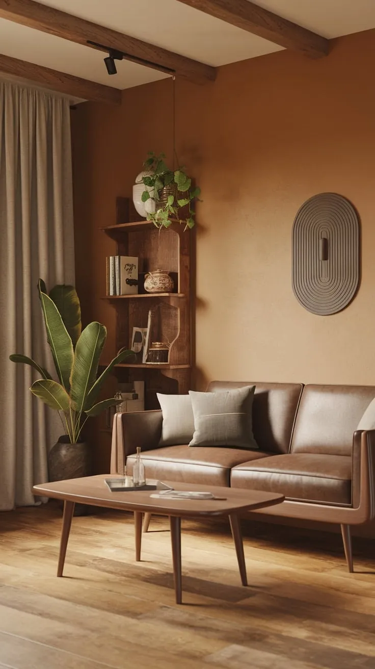 Warm beige walls, wood floors, and mid-century modern accents create a cozy cabincore living room.