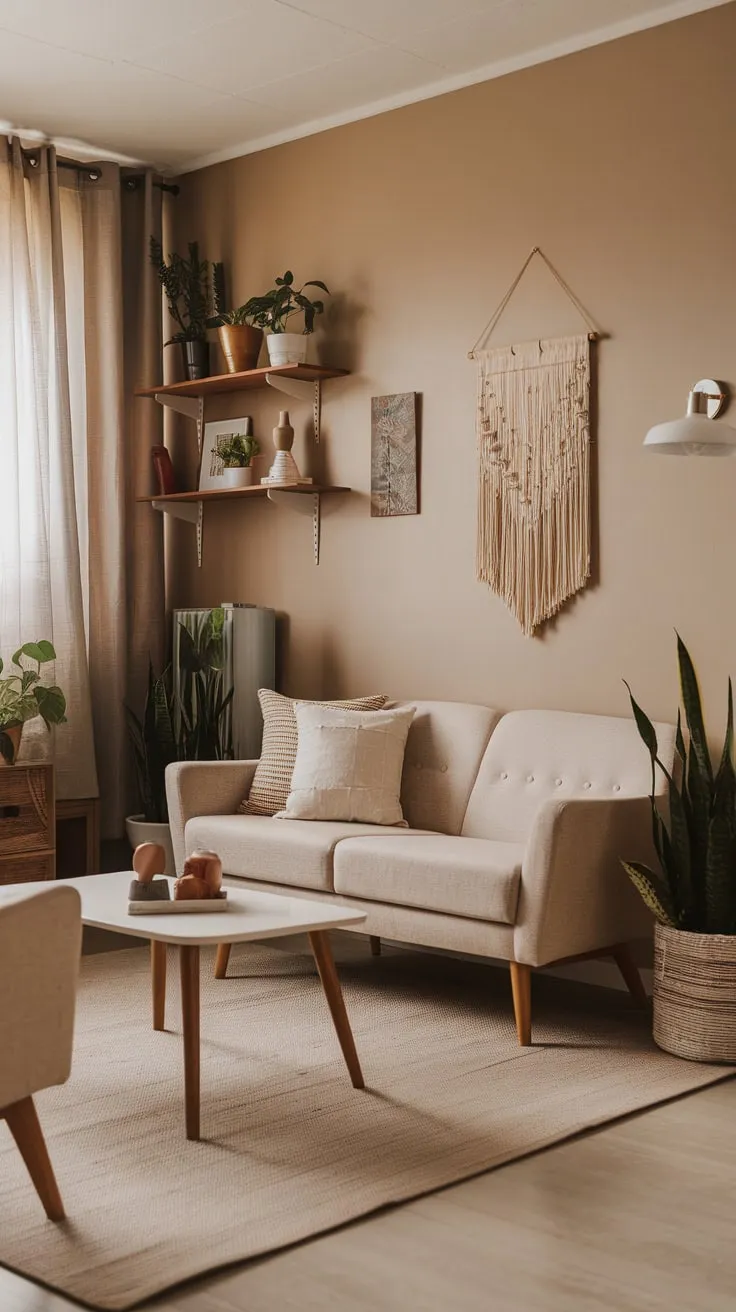 Beige tones, mid-century modern furniture, and pops of greenery create a minimalist yet cozy cabincore living room.