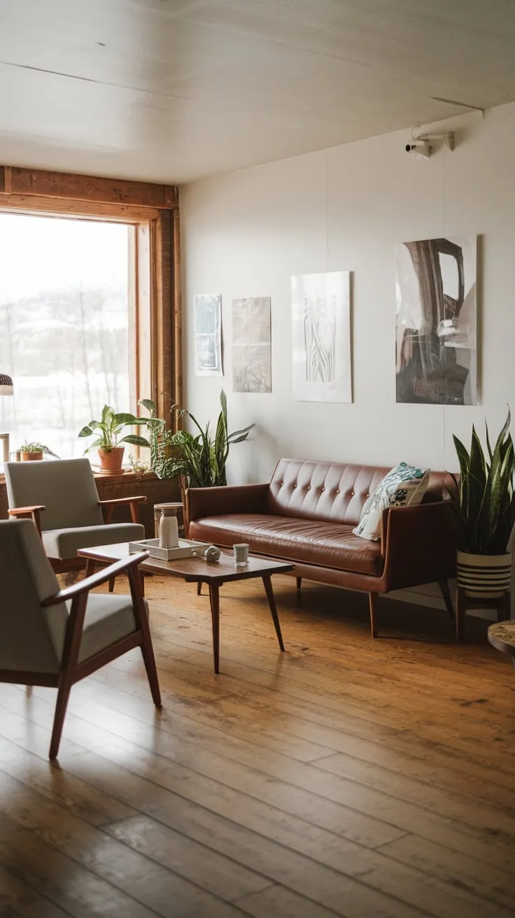 A mid-century modern living room, warmed by cabincore accents and natural wood floors, offers a cozy and inviting atmosphere.
